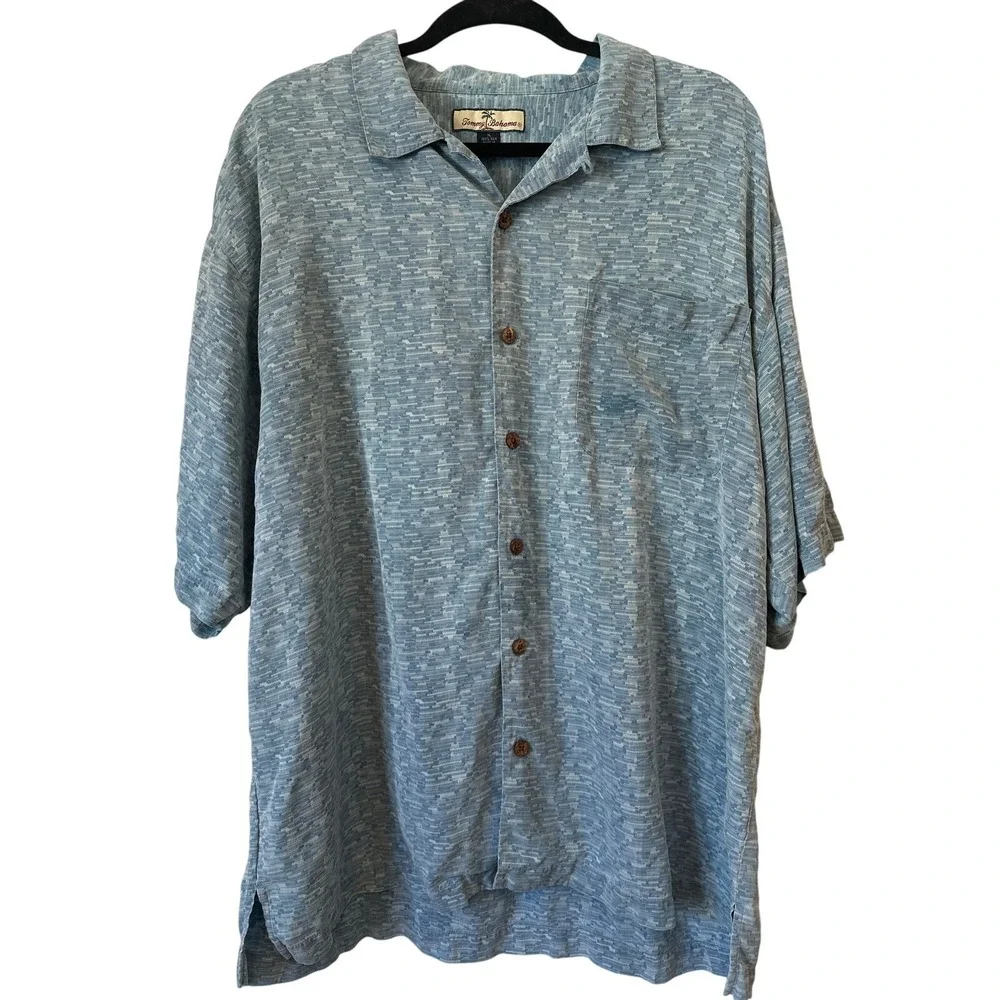 Tommy Bahama 100% Silk Palm Tree‎ Shirt XL Blue Textured Camp Button Front